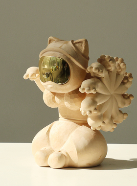 创意简约艺术设计招财猫摆件乔迁开业前台轻奢礼物装饰品 木雕猫