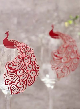 50个镂空孔雀酒杯杯卡插卡挂饰墙贴蛋糕装饰卡片婚礼席位卡座位卡
