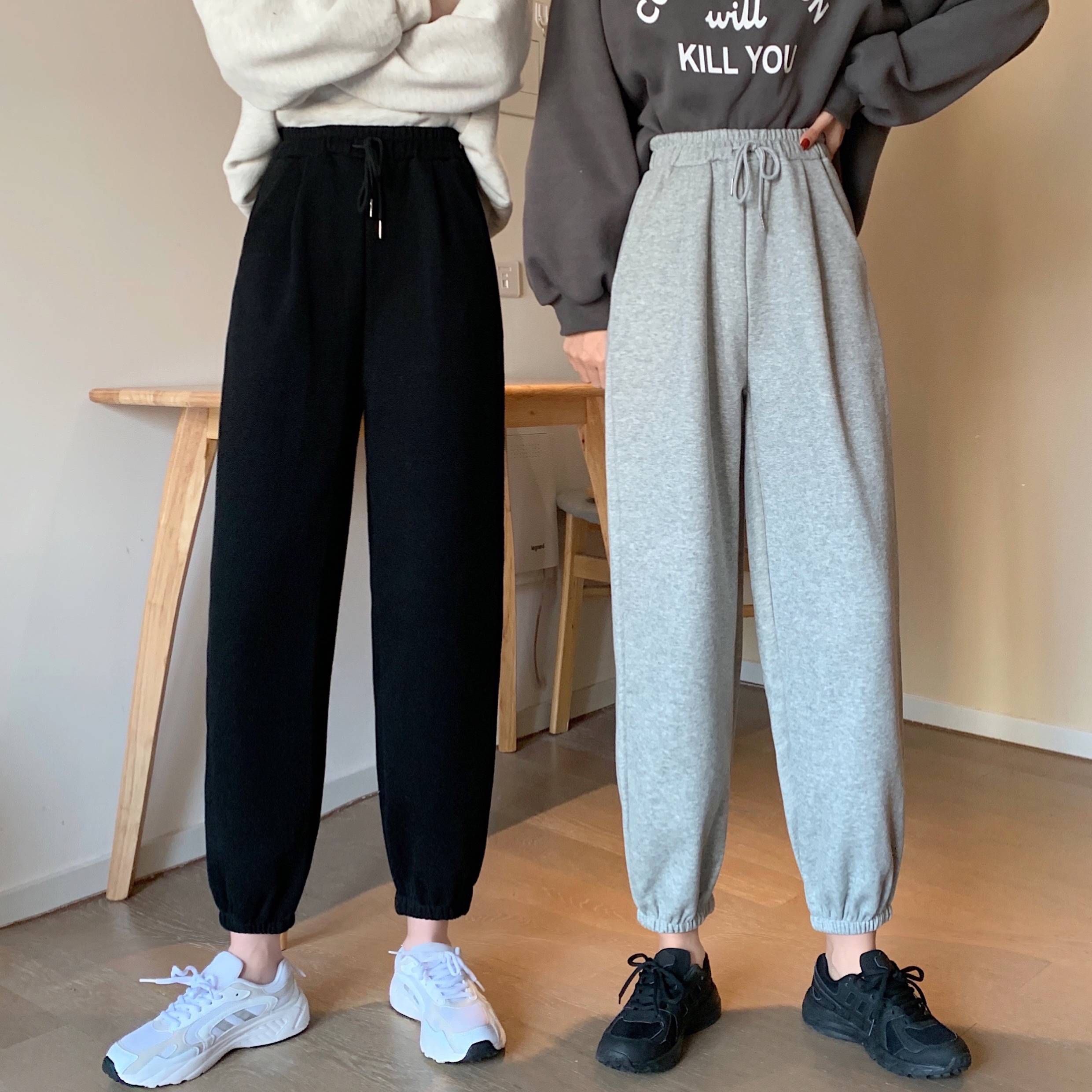 Real price Plush grey sports pants women's autumn and winter high waist loose legged straight tube student's health pants