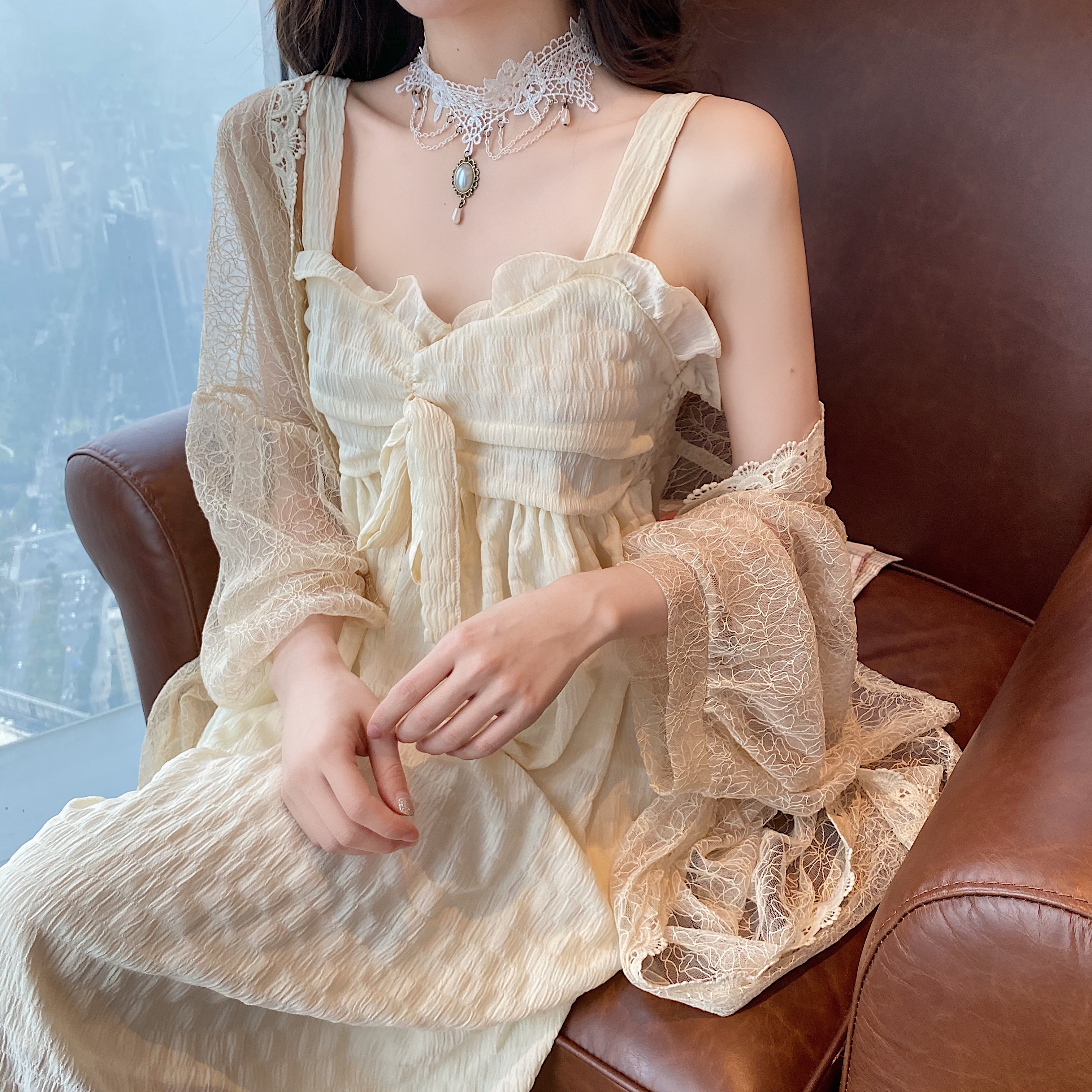 Real price tender bow very fairy suspender dress + hollow lace long sunscreen air conditioning shirt