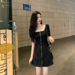 實拍實價復古氣質法式方領收腰顯瘦黑色短裙短款連衣裙