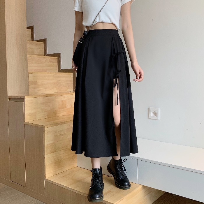 Real price ~ Black cool wind drop half length women's mid length high waist split length skirt