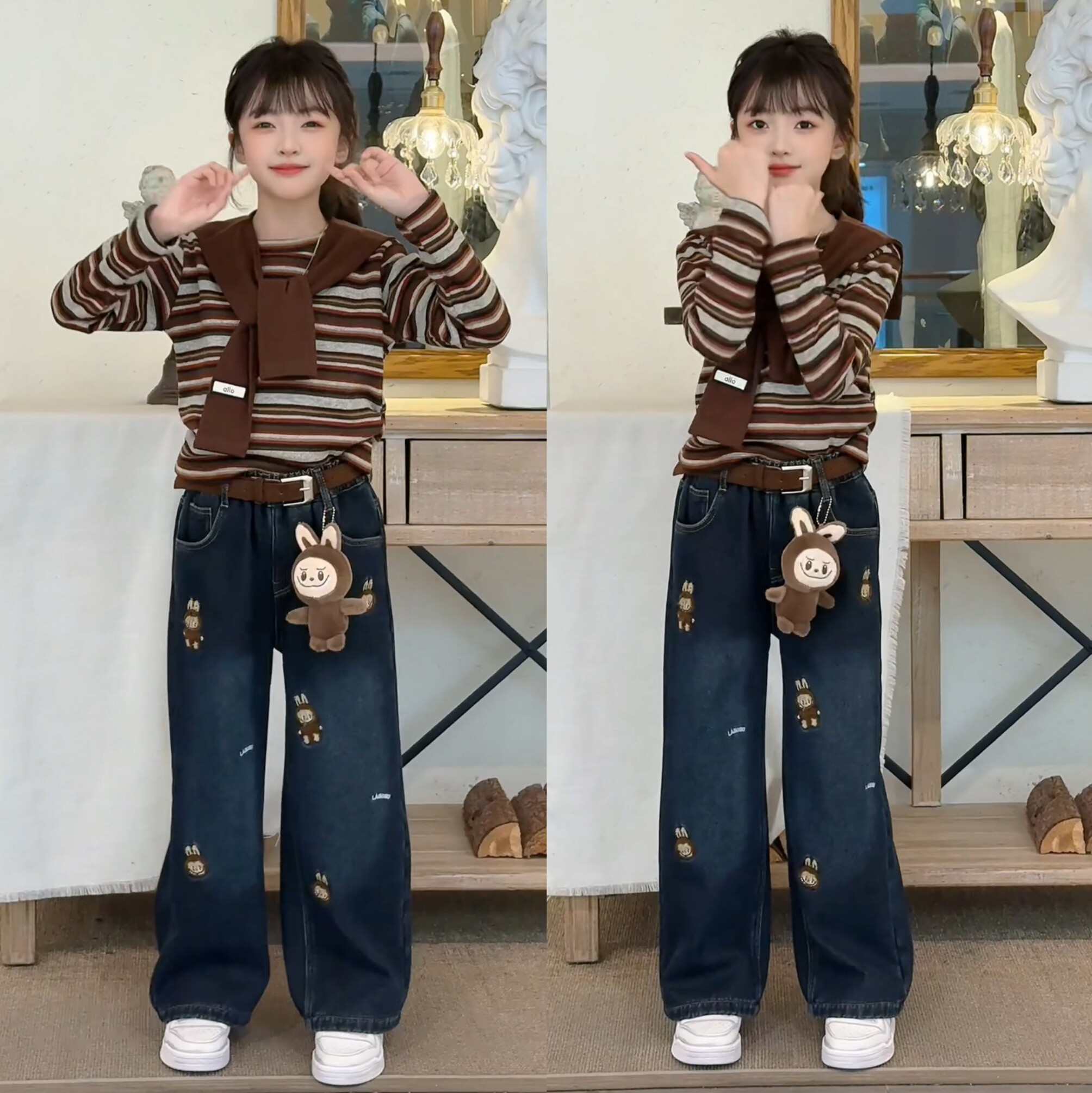 女童秋冬新款时尚加绒横条纹披肩上衣卡通绣花阔腿牛仔裤两件