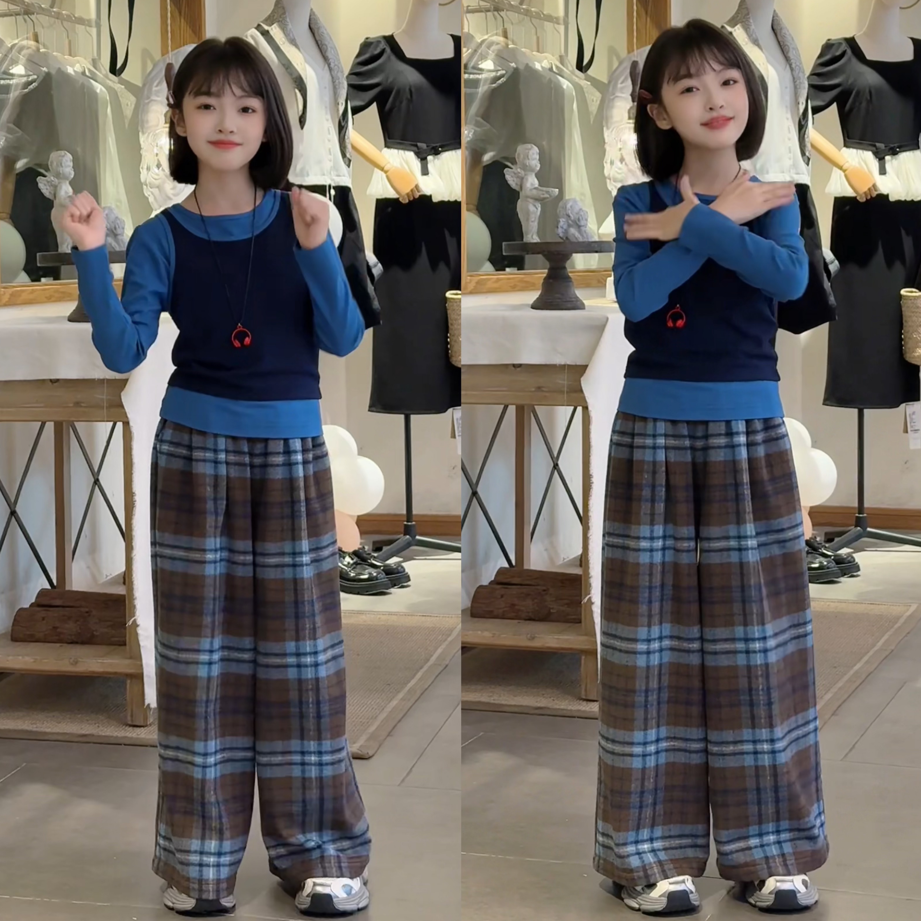 女童秋季新款潮流时尚韩范叠穿背心长袖撞色格子休闲裤三件套