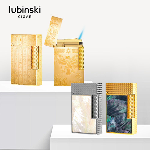 LUBINSKI鲁宾斯基纯铜斜火单直冲雪茄打火机 送火石和皮套 可充气