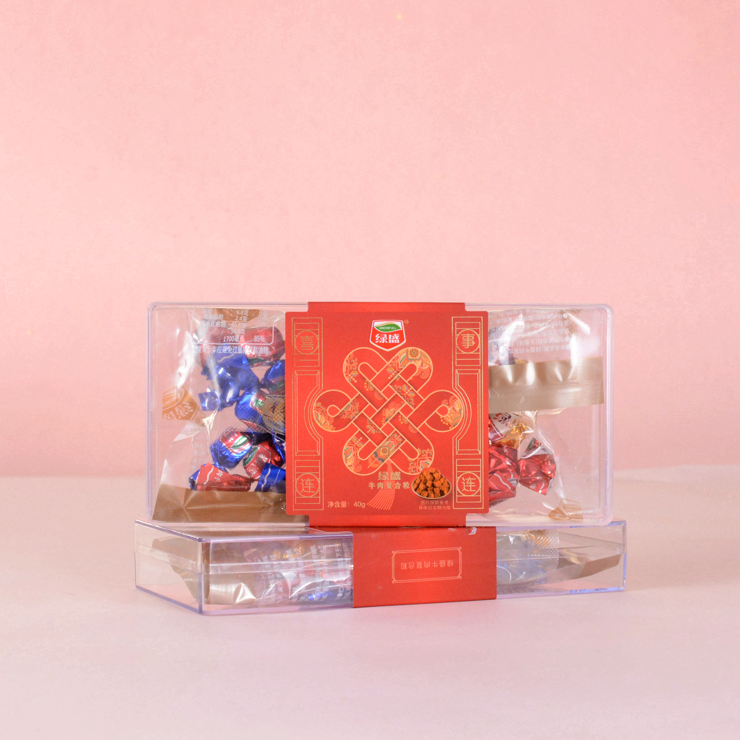 绿盛牛肉丁牛肉复合粒喜事连连结婚生日升学回礼透明大长方盒40g