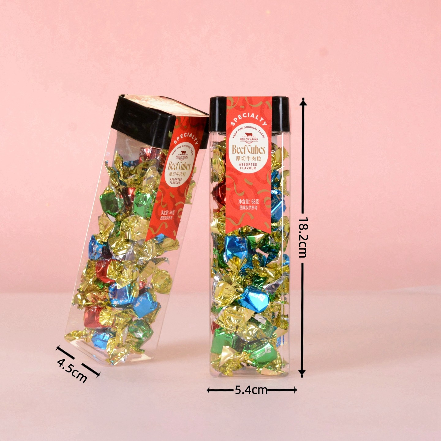 唯口爱厚切牛肉粒结婚生日过寿伴手礼办公解馋零食透明竖长盒68g