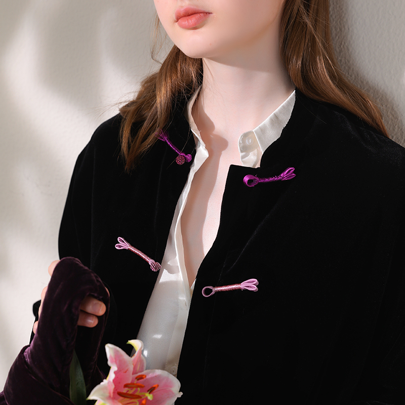 真丝丝绒复古中式盘扣外套女秋别致亮色里布开衫立领黑色古风上衣