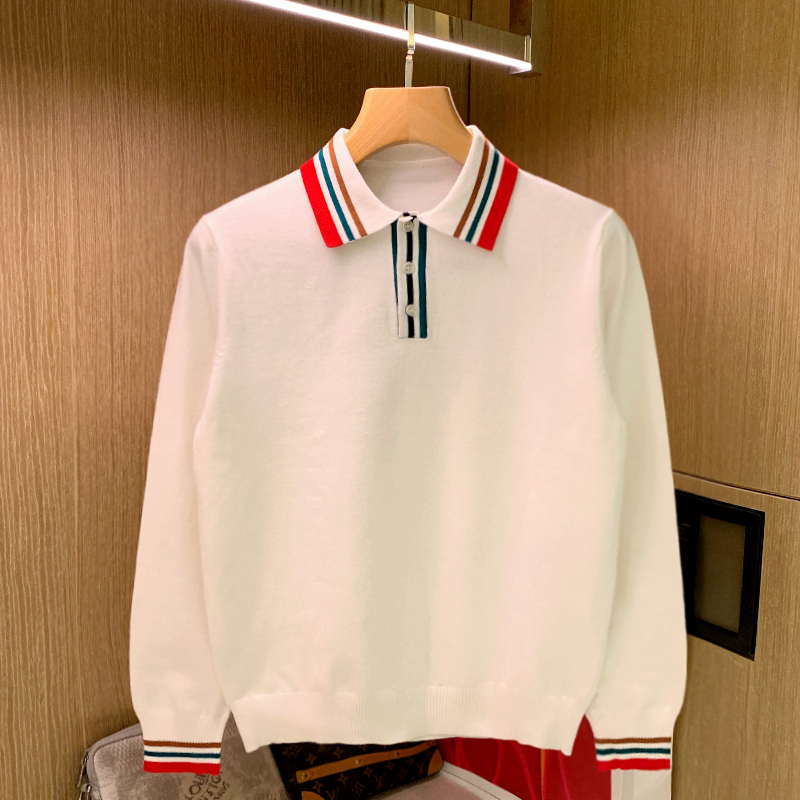 秋冬长袖时尚条纹拼色polo衫洋气