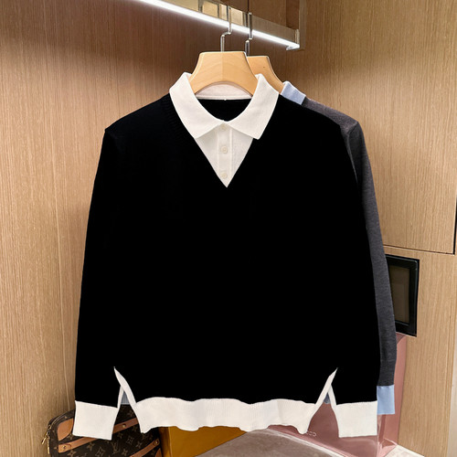 假两件针织衫翻领拼接毛衣休闲