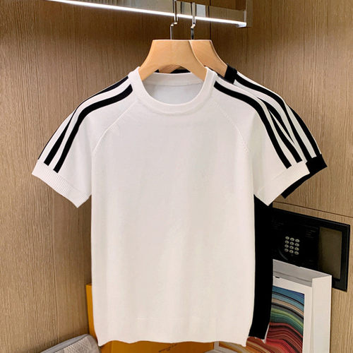 短袖休闲青年黑白条纹t恤高级