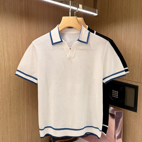 夏季短袖休闲条纹镂空polo衫透气