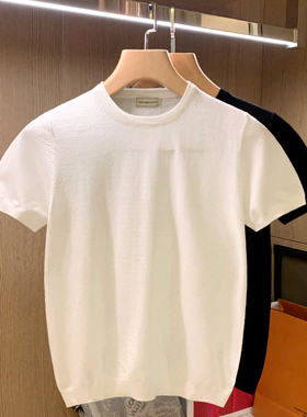 夏季新款潮流黑色修身男士短袖t恤 高级白色圆领针织上衣打底衫男