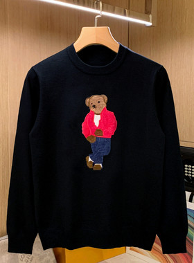 欧洲站轻奢上衣小熊刺绣毛衣男款 秋冬新款潮流黑色修身针织衫男