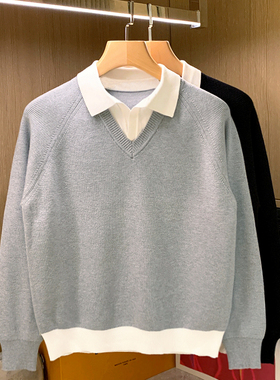 秋冬新款时尚男士翻领上衣休闲风复古拼色毛衣潮流假两件针织衫男