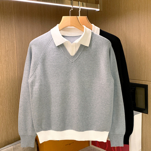 男高级感时尚 休闲内搭针织衫 polo衫 男款 拼接假两件毛衣男 上衣长袖