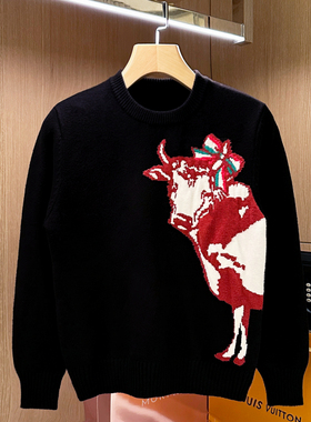 欧洲站潮流街头黑色针织衫男冬季新款加厚上衣奶牛提花圆领毛衣男