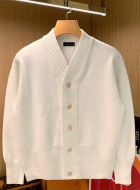 老钱风男装秋冬新款男士时尚开衫高级白色针织上衣休闲毛衣外套男