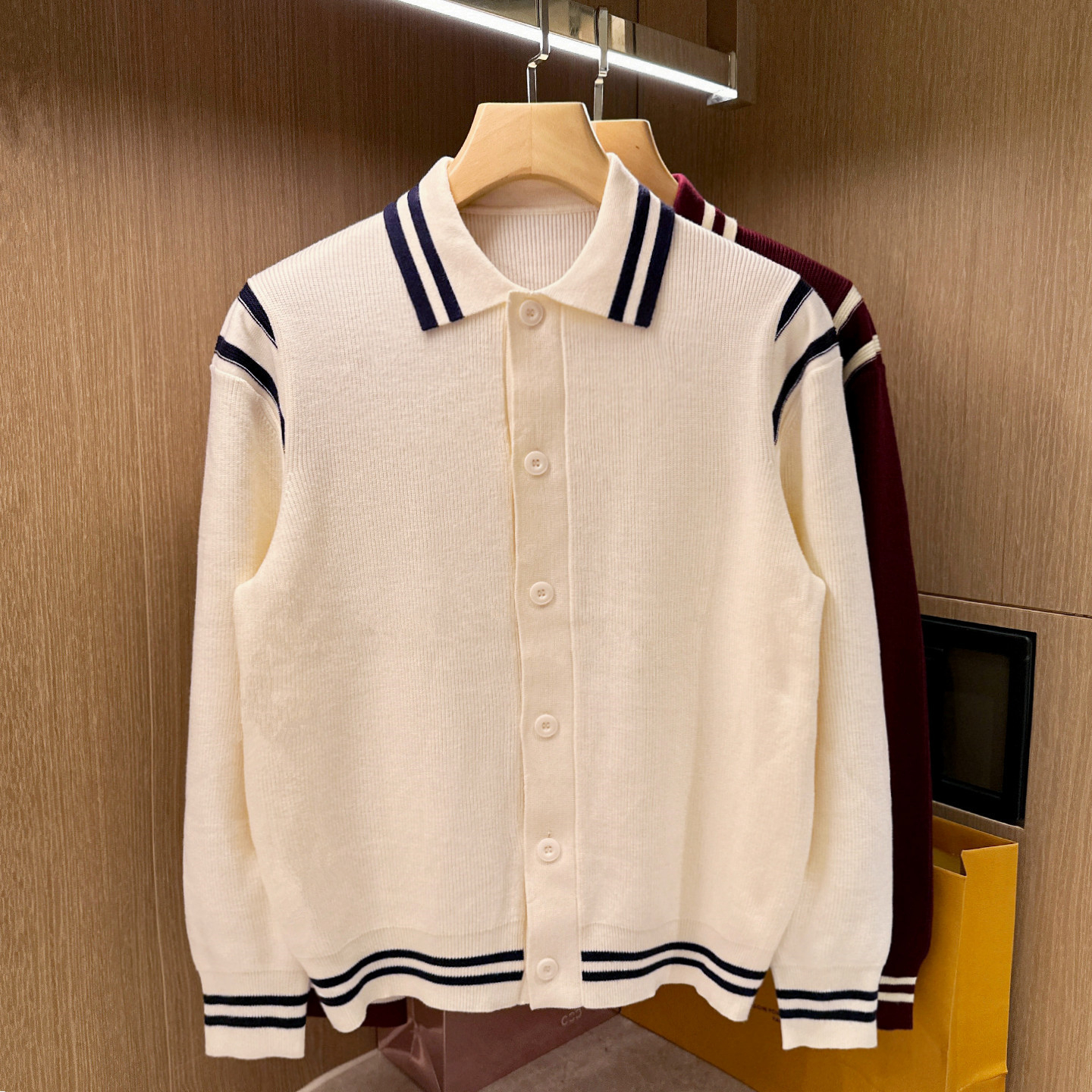 开衫针织衫翻领拼色毛衣外套高级