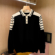 秋冬新款 高级黑色修身 长袖 英伦复古拼色衣服男翻领针织衫 polo衫 男