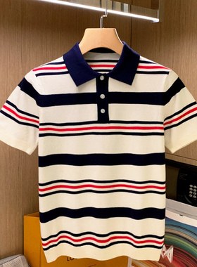 夏季新款休闲商务男装翻领上衣polo 高级拼色条纹修身男士短袖t恤