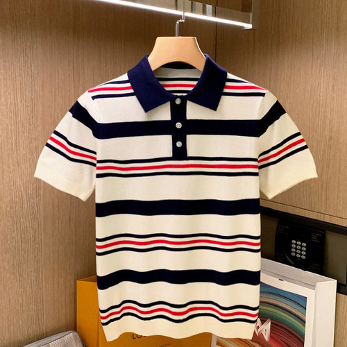 夏季短袖商务休闲拼色条纹polo衫