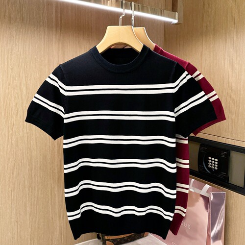 短袖复古风青年拼色条纹t恤休闲