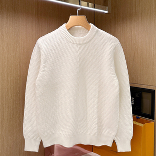 加厚 冬季 时尚 高端针织肌理精纺毛线衣男休闲圆领高级白色毛衣男款