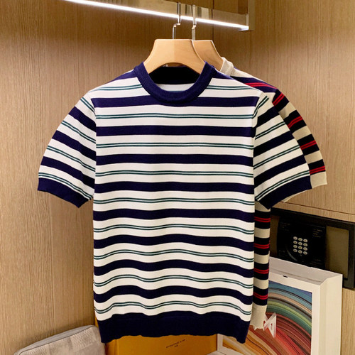 短袖休闲风青年拼接条纹t恤复古