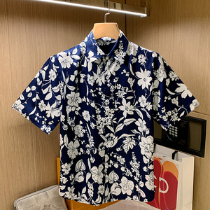 夏季休闲衬衣男款纯棉印花短袖衬衫男美式复古花衬衫男高级感痞帅