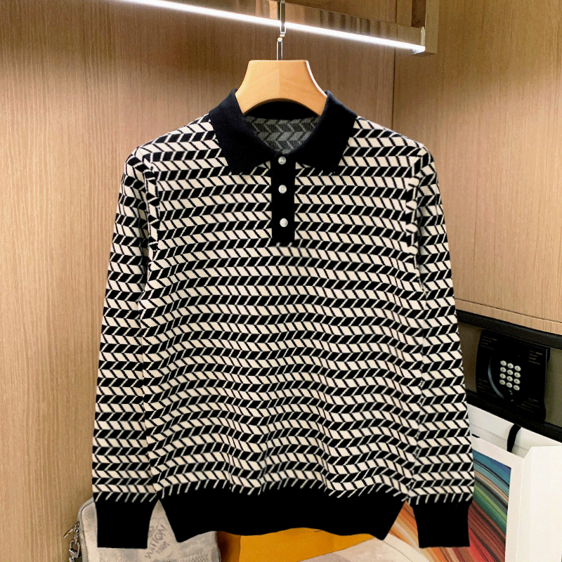 秋冬长袖商务菱形撞色polo衫痞帅