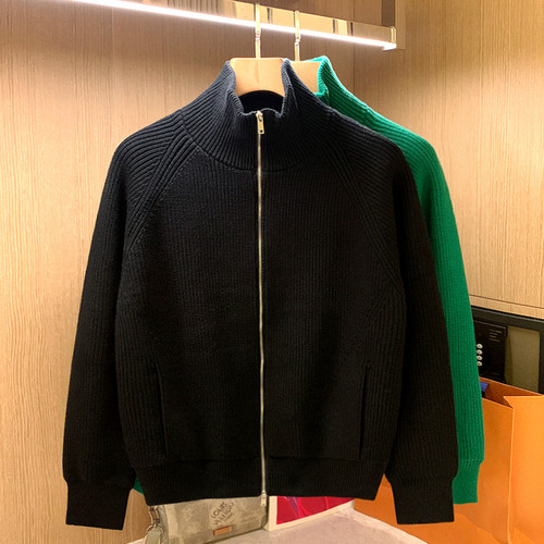 开衫针织半纯色高领毛衣加绒加厚