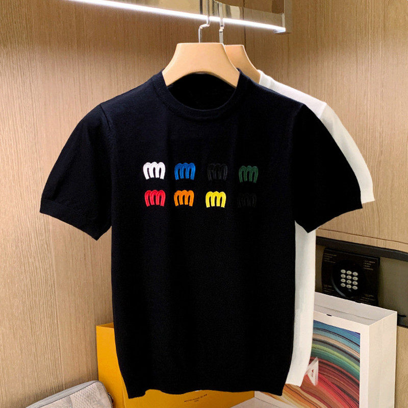 欧洲站潮流刺绣上衣针织短袖男 夏季新款修身高级黑色男士短袖t恤