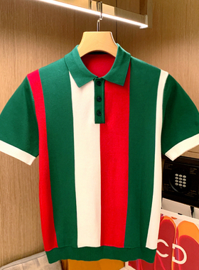 夏季新款休闲时尚翻领t恤针织短袖男 高级绿色条纹拼色男士polo衫
