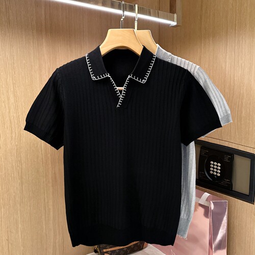 夏季短袖针织肌理穿绳polo衫痞帅