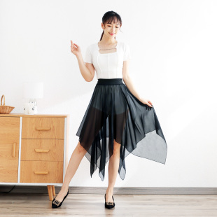 百搭高腰A字透视纱裙 新款 不规则网纱半身裙中长款 百褶裙长裙夏季