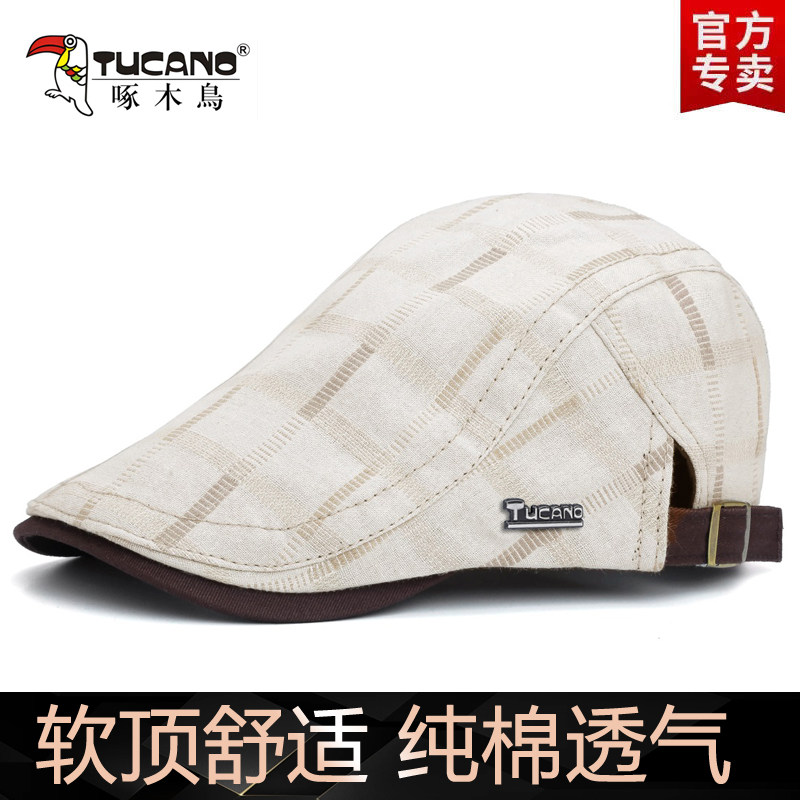 啄木鸟透气文艺范贝雷帽男士夏季鸭舌帽薄款格子前进帽防晒遮阳帽