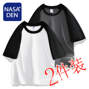 衫 美式 2026年简约情侣拼接撞色五分袖 T恤男女款 重磅纯棉插肩短袖
