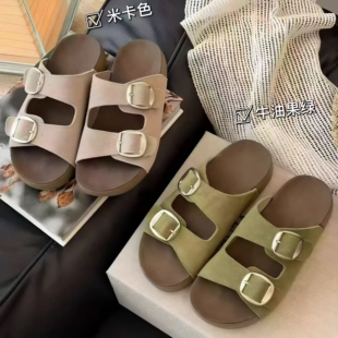 真皮勃肯风双扣带一字拖女夏厚底防滑拖鞋外穿便捷露趾凉拖基础款