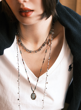 秋冬手工编织拉长石气质毛衣链叠戴三件套波西米亚风美拉德复古