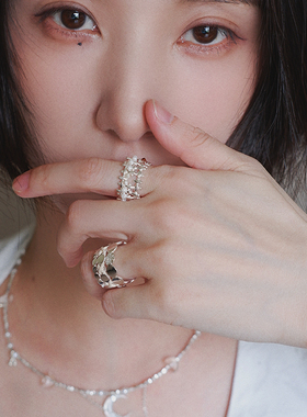 原创设计叠戴925银光面编织戒指开口设计感清冷高级ins风