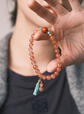 冰飘南红手串 新中式清爽感搭绿松蜜蜡S925银配