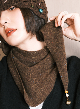 森女系编织镂空羊毛花朵包头帽文艺范秋冬甜美复古羊毛围巾套组