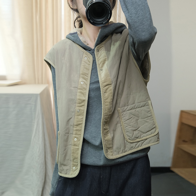 单排扣日系常规圆领撞色马甲棉服