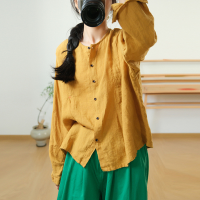 文艺风休闲百搭刺绣花麻料衬衫