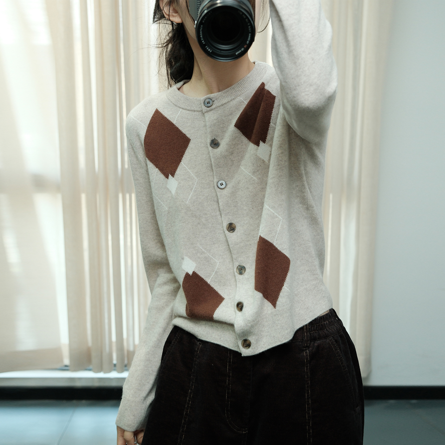 日系文艺圆领菱形格针织开衫