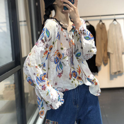 素尚春夏宽松文艺印花撞色花边领