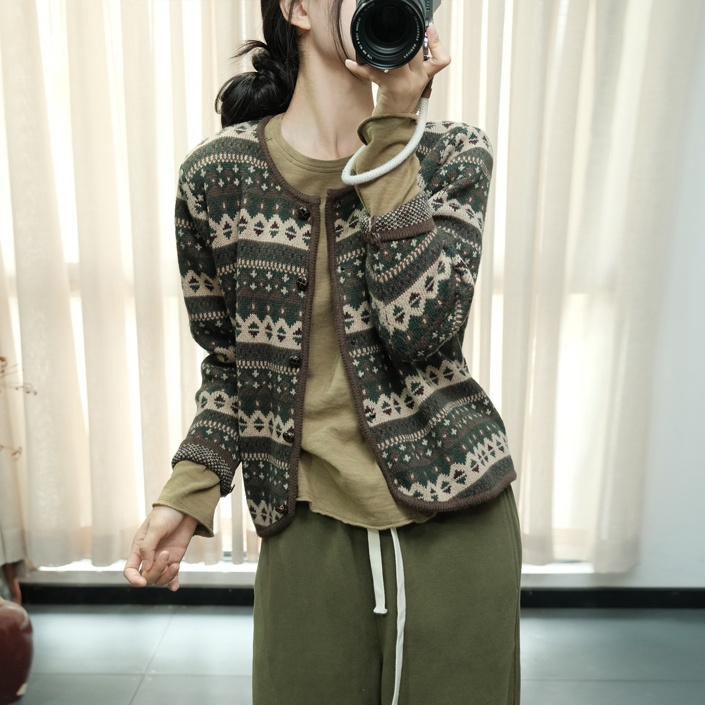 秋冬文艺复古印花保暖针织开衫女