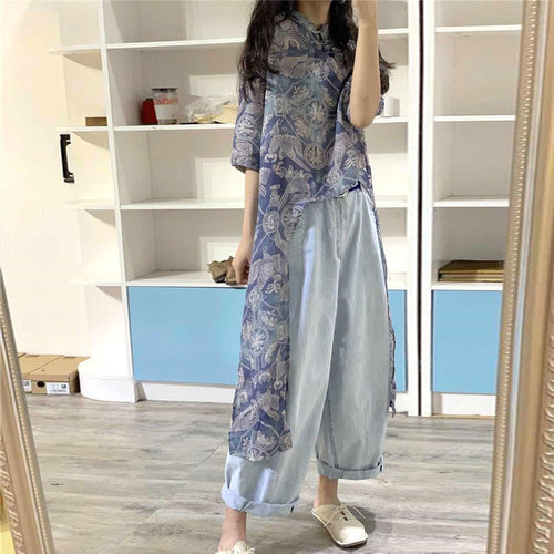 素尚春夏文艺复古印花古风麻料女