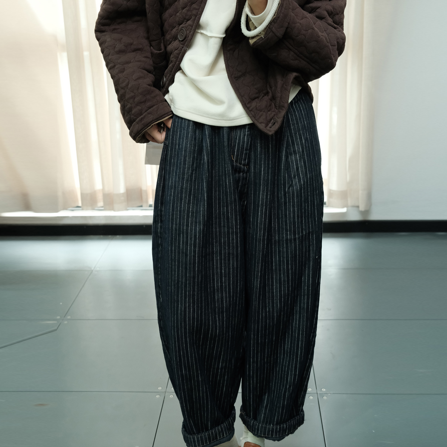 复古简约松紧腰条纹休闲裤